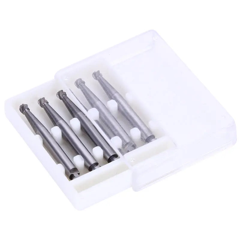 Dental RA #7 Round Carbide Burs for Slow Speed Latch, 2.1mm diameter, 5 pieces in a clear plastic box. High-quality tungsten carbide burs for dental procedures, showcasing durability and powerful cutting performance.