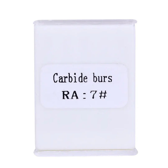 Dental RA #7 Round Carbide Bur for Slow Speed Latch 2.1mm 5pcs/Box displayed in a white plastic container labeled 'Carbide burs RA - 7#', showcasing the dental tool's packaging and identification for professional use.