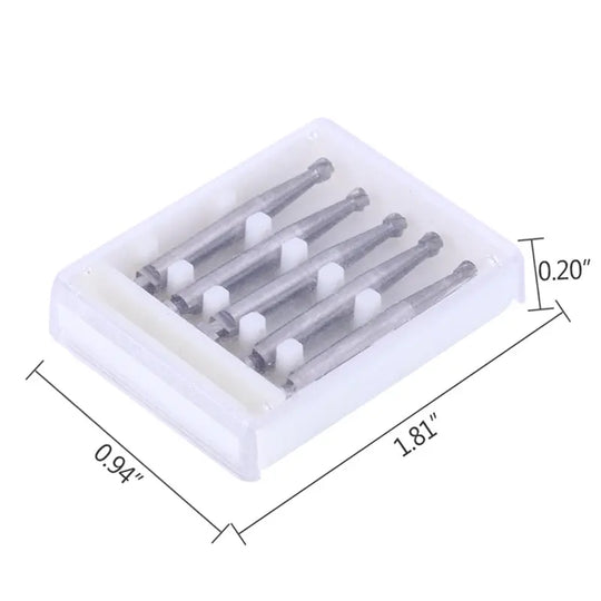 Dental RA #7 Round Carbide Bur set for slow speed latch, 2.1mm diameter, displayed in a transparent plastic box with five silver burs visible. Box dimensions shown as 1.81 inches long, 0.91 inches wide, and 0.20 inches high.