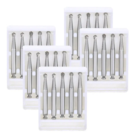 Dental RA #7 Round Carbide Bur for Slow Speed Latch 2.1mm 5pcs/Box displayed in five clear plastic cases, each containing five silver-colored dental burs with round heads and long, tapered shafts, arranged neatly in rows, showcasing the product's quantity and packaging.