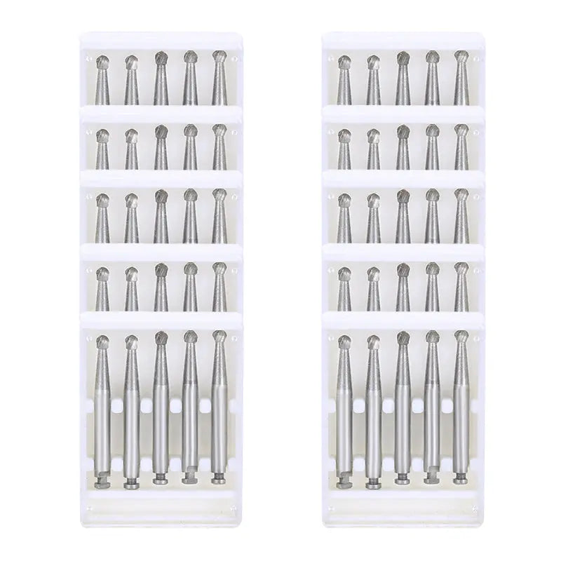 Dental RA #7 Round Carbide Bur for Slow Speed Latch 2.1mm 5pcs/Box: Two white plastic organizers displaying multiple rows of silver dental burs with round heads, showcasing the product's quantity and organized storage.