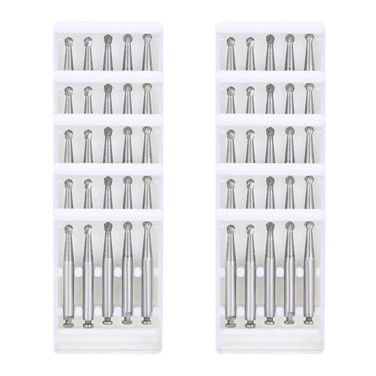 Dental RA #7 Round Carbide Bur for Slow Speed Latch 2.1mm 5pcs/Box: Two white plastic organizers displaying multiple rows of silver dental burs with round heads, showcasing the product's quantity and organized storage.