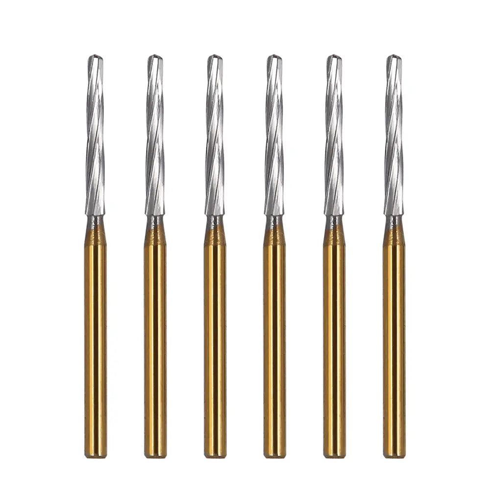 Dental FG Carbide Finishing Burs 28mm Gold 6pcs/Box: Set of six gold-colored dental burs with silver spiral cutting heads, used for precision dental work including tooth sectioning, root separation, and shoulder preparation. Long, slender design for precise control in dental procedures.