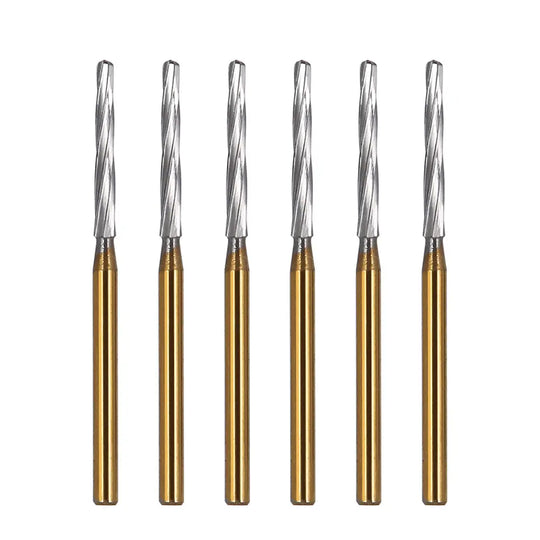 Dental FG Carbide Finishing Burs 28mm Gold 6pcs/Box: Set of six gold-colored dental burs with silver spiral cutting heads, used for precision dental work including tooth sectioning, root separation, and shoulder preparation. Long, slender design for precise control in dental procedures.