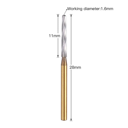 Dental FG Carbide Finishing Burs 28mm Gold 6pcs/Box: Detailed image showing a single gold-shanked dental bur with silver cutting head, labeled dimensions of 28mm total length, 11mm working length, and 1.6mm working diameter, ideal for precision dental procedures.