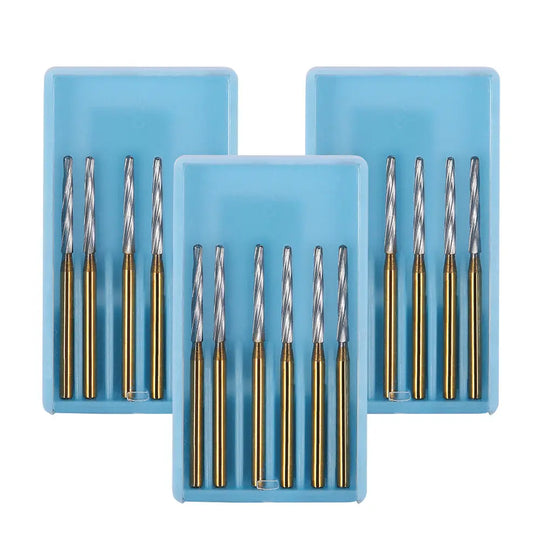 Dental FG Carbide Finishing Burs 28mm Gold 6pcs/Box: Set of gold-colored dental burs in three blue plastic trays, featuring various sizes and shapes for tooth preparation, sectioning, and finishing procedures in dentistry.