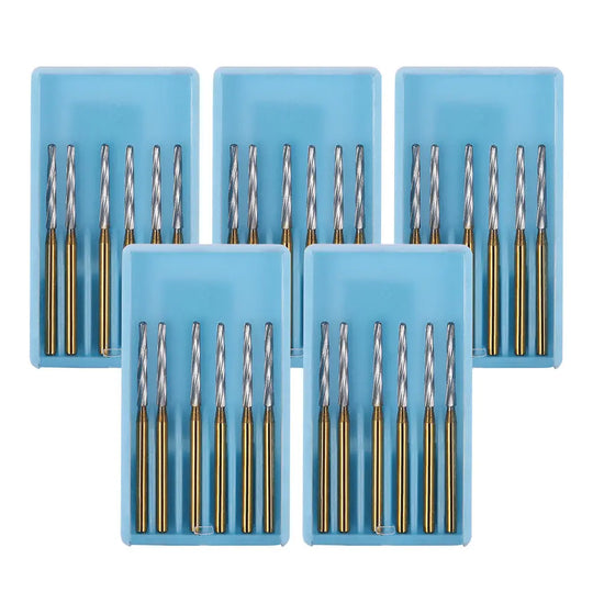 Dental FG Carbide Finishing Burs 28mm Gold 6pcs/Box: Five blue plastic cases containing gold and silver dental burs for tooth preparation, sectioning, and finishing. Each case displays six precision dental tools with gold-colored shanks and silver cutting heads.