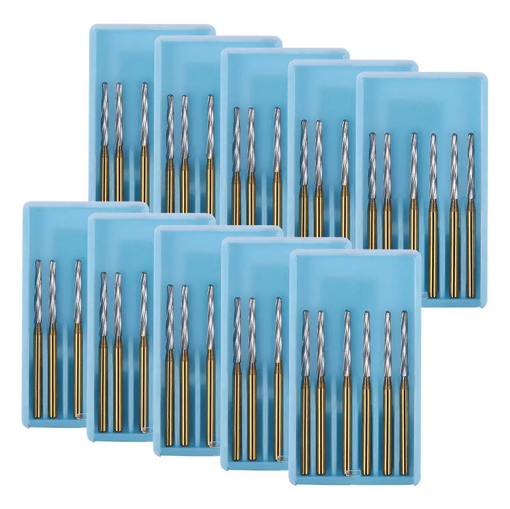 Dental FG Carbide Finishing Burs 28mm Gold 6pcs/Box displayed in multiple blue plastic cases, showcasing gold-colored dental burs with silver cutting ends, arranged neatly in rows for dental procedures and tooth preparation