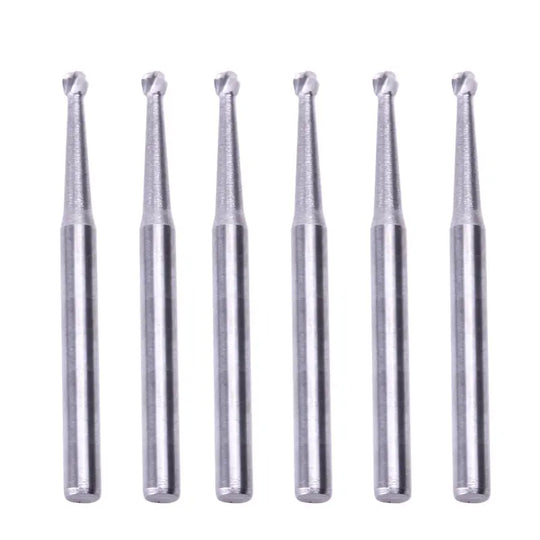 Dental FG #3 Round Carbide Bur 10pcs/Box: Six silver tungsten carbide dental burs arranged in a row, showcasing their round tips and slender shafts designed for high-speed handpieces, emphasizing durability and smooth cutting performance for dental procedures.