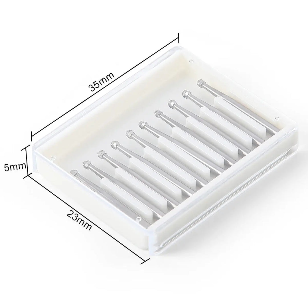 Dental FG #3 Round Carbide Bur 10pcs/Box in white plastic container. Ten silver dental burs arranged neatly in a row. Container dimensions shown: 35mm length, 23mm width, 5mm height. High-speed handpiece tools for dental procedures.