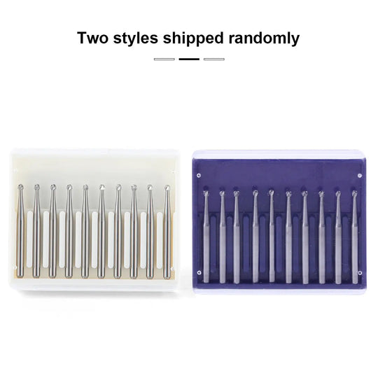 Dental FG #3 Round Carbide Bur 10pcs/Box: Two packaging styles of dental burs, one clear case with silver burs and one purple case with gray burs, both containing 10 precision dental instruments for high-speed handpieces.