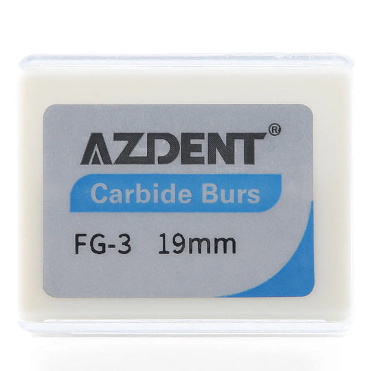 Dental FG #3 Round Carbide Bur 10pcs/Box by AZDENT, shown in clear plastic case with label displaying product details: FG-3 19mm Carbide Burs. Durable tungsten carbide dental tool for high-speed handpieces, offering smooth cutting and powerful performance.