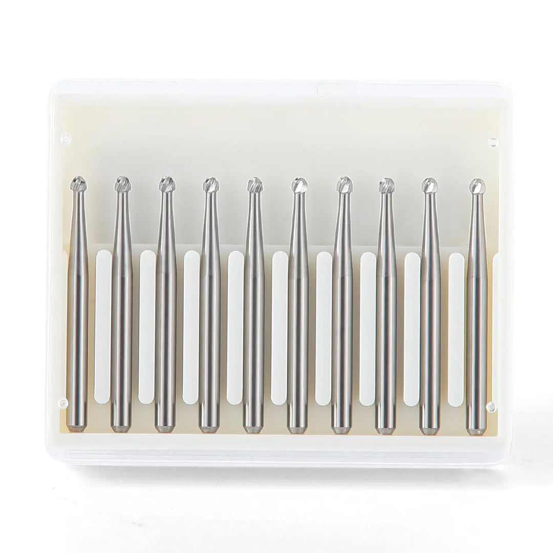 Dental FG #3 Round Carbide Bur 10pcs/Box - Set of ten silver dental burs neatly arranged in a clear plastic case. Each bur features a long, slender shaft with a small round head for precise dental work.