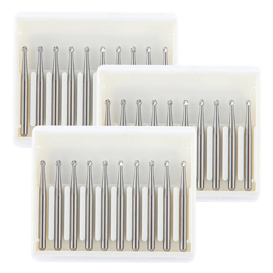 Dental FG #3 Round Carbide Bur 10pcs/Box. Three clear plastic boxes containing shiny metallic dental burs arranged neatly in rows. Each box displays 10 identical slender, cylindrical instruments with rounded tips, designed for high-speed dental handpieces.