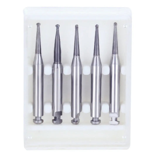 Dental RA #1 Round Carbide Bur for Slow Speed Latch 0.8mm 5pcs/Box. Five silver dental burs with round tips arranged in a white case. High-quality tungsten carbide tools for precise dental procedures, featuring powerful cutting performance and durability.