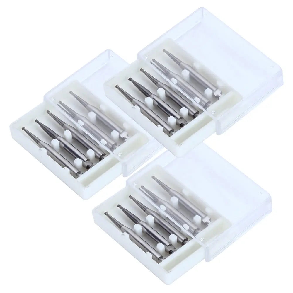 Dental RA #1 Round Carbide Bur for Slow Speed Latch 0.8mm 5pcs/Box displayed in three open white plastic cases, each containing five silver dental burs with visible shafts and round heads, arranged neatly in rows