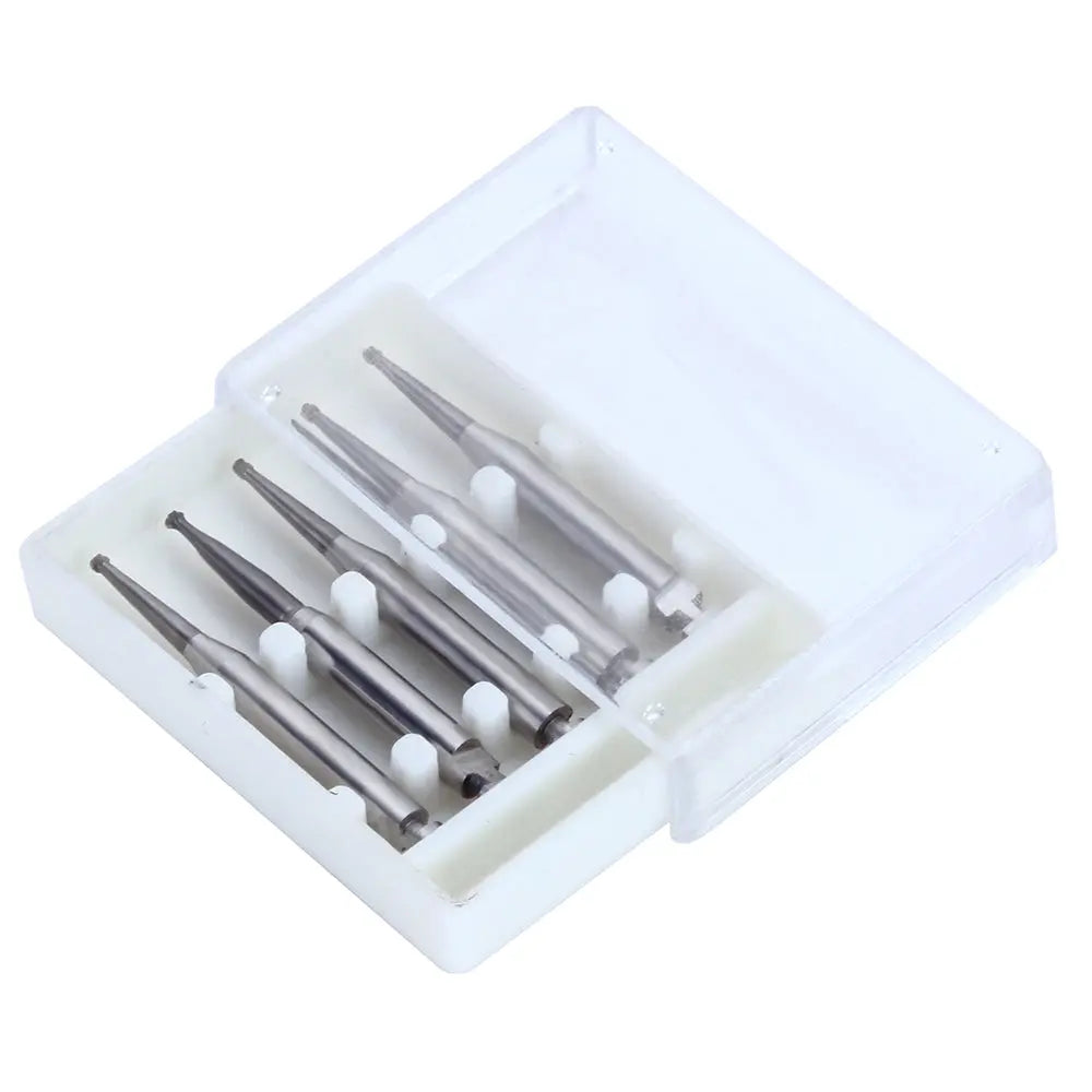 Dental RA #1 Round Carbide Bur for Slow Speed Latch 0.8mm 5pcs/Box displayed in a clear plastic case. Five silver dental burs with round heads and long shafts are neatly arranged inside, showcasing the product's precision and quality for dental procedures.