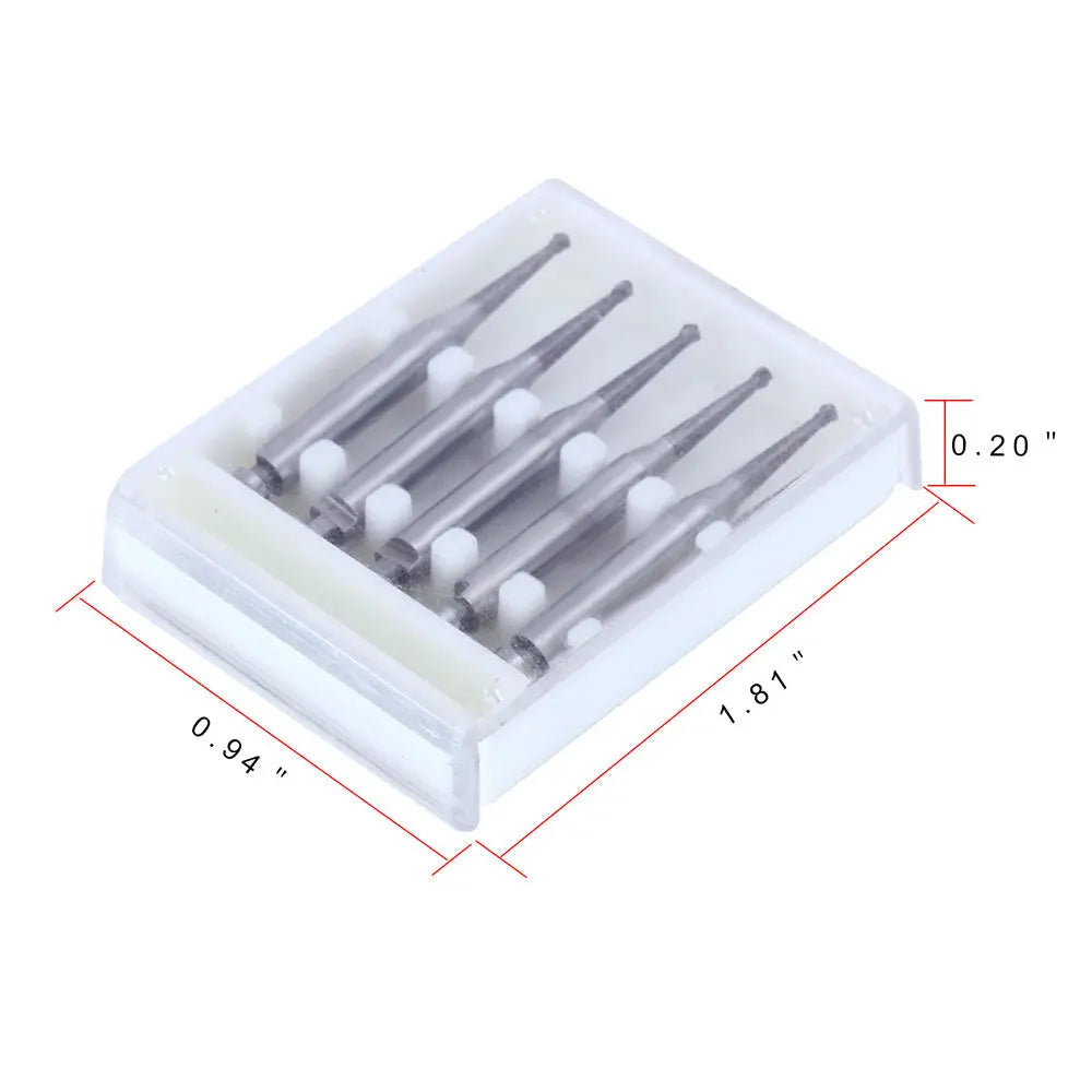 Dental RA #1 Round Carbide Bur set in white plastic case. Five 0.8mm diameter burs with long, thin shafts and small round heads. Case dimensions shown: 1.91 inches length, 0.94 inches width, 0.20 inches height. For slow speed latch handpieces.