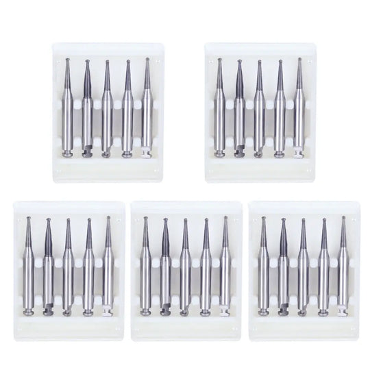 Dental RA #1 Round Carbide Burs for Slow Speed Latch, 0.8mm diameter, 5pcs/Box. Five sets of five silver metal dental tools with thin, cylindrical shafts and round tips, arranged neatly in individual packaging for professional dental use.