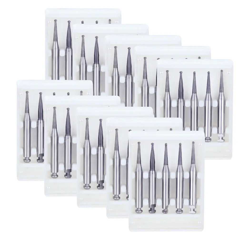 Dental RA #1 Round Carbide Bur for Slow Speed Latch 0.8mm 5pcs/Box. Multiple packs of silver dental burs with conical tips and cylindrical shafts, arranged neatly in clear plastic cases. High-quality tungsten carbide tools for precise dental work.