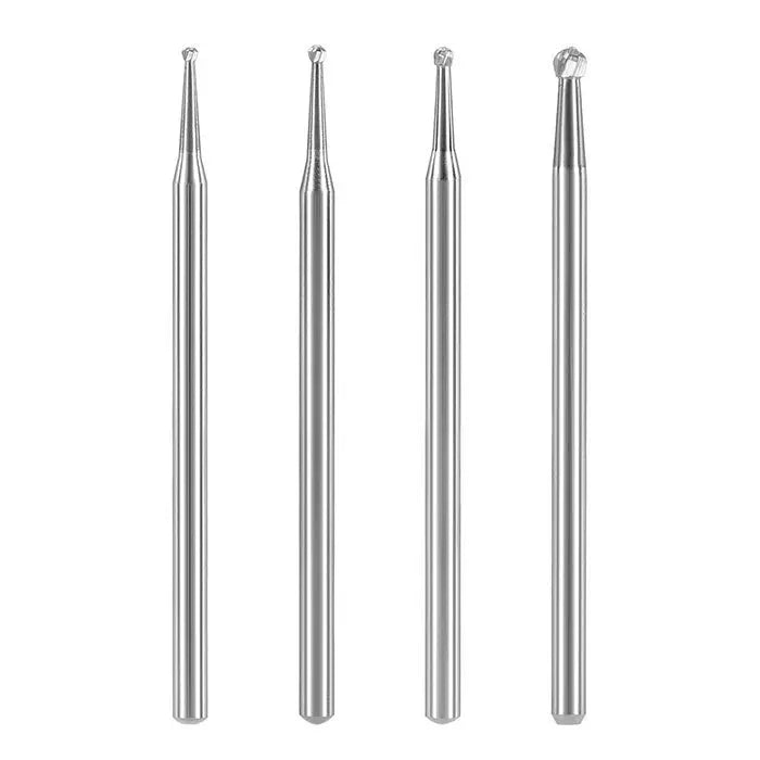 Dental Round Carbide Burs for Slow Speed Straight Nose Cone HP2/3/4/8 5pcs/Box: Set of four silver metallic dental burs with long, slender shafts and varied round cutting tips, designed for precision dental work with straight handpieces or micro motor handpieces.