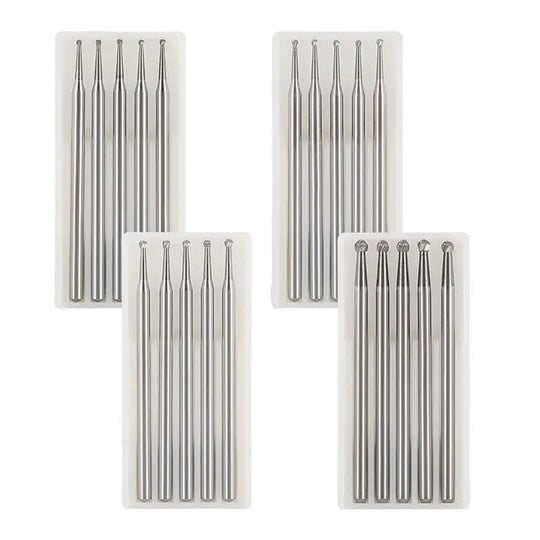 Dental Round Carbide Burs for Slow Speed Straight Nose Cone HP2/3/4/8 5pcs/Box displayed in four white plastic cases, each containing five silver metallic dental burs with long, slender shafts and small round tips, arranged neatly in a row for dental procedures.