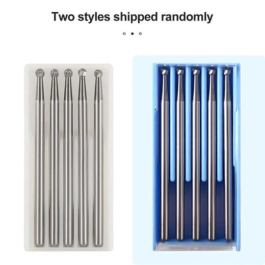 Dental Round Carbide Burs for Slow Speed Straight Nose Cone HP2/3/4/8 5pcs/Box, displayed in two packaging styles: a white tray with five silver burs and a blue box containing five silver burs, showcasing product variety and packaging options.