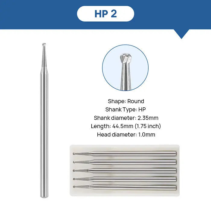 Dental Round Carbide Burs for Slow Speed Straight Nose Cone HP2/3/4/8 5pcs/Box: HP2 bur with round shape, 2.35mm shank diameter, 44.5mm length, and 1.0mm head diameter. Image shows single bur and pack of multiple burs.