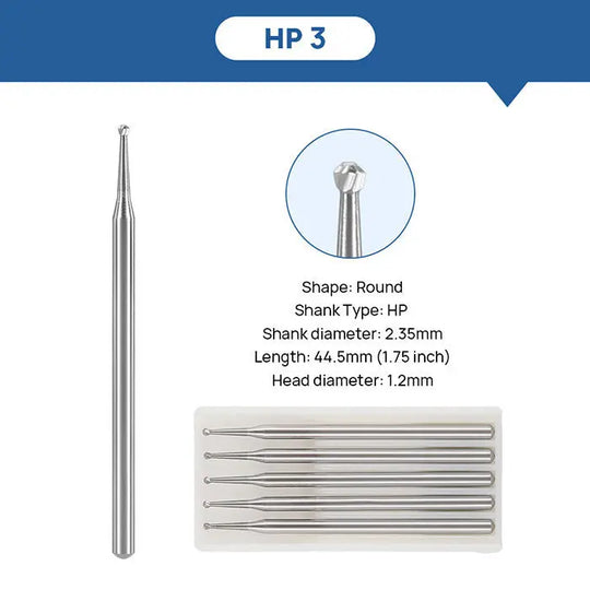 Dental Round Carbide Burs for Slow Speed Straight Nose Cone HP3, showing detailed specifications, full-length bur, close-up of round head, and set of burs in packaging. Suitable for straight handpiece or micro motor handpiece.