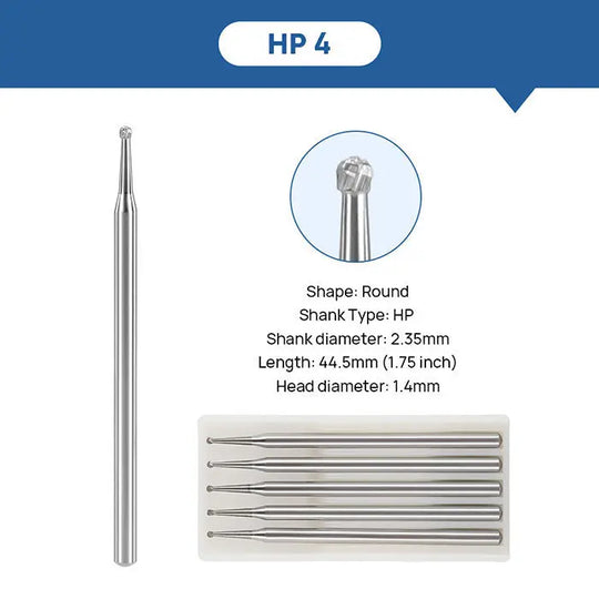 Dental Round Carbide Burs for Slow Speed Straight Nose Cone HP4, showing detailed specifications and images of the bur. Features a full-length view, close-up of the round head, and a set of multiple burs in packaging. Includes dimensions and shank type information.