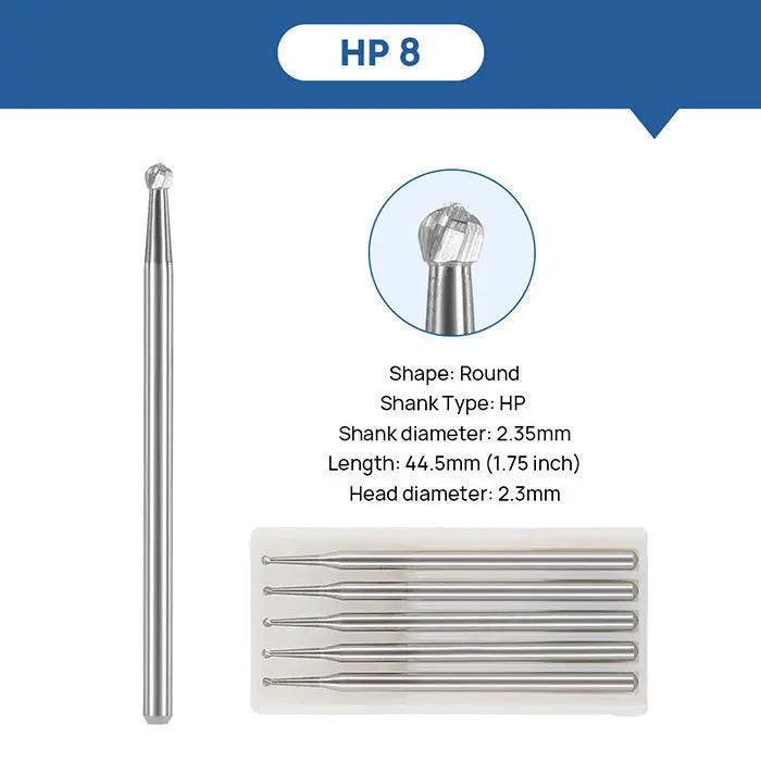 Dental Round Carbide Burs for Slow Speed Straight Nose Cone HP2/3/4/8 5pcs/Box. Image shows HP 8 bur with round shape, 2.35mm shank diameter, 44.5mm length, and 2.3mm head diameter. Full bur and close-up of tip displayed, alongside set of 5 burs in packaging.