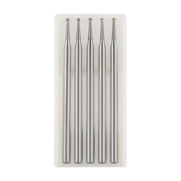 Dental Round Carbide Burs for Slow Speed Straight Nose Cone HP2/3/4/8 5pcs/Box: Set of five stainless steel dental burs with round tips, displayed in a clear plastic case. Each bur is long, slender, and designed for precision dental work with straight handpieces or micro motor handpieces.