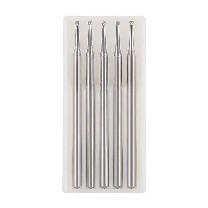 Dental Round Carbide Burs for Slow Speed Straight Nose Cone HP2/3/4/8 5pcs/Box, displayed in a clear plastic case. Five silver metallic burs with long, slender shafts and round tips, lined up neatly, showcasing their precision design for dental procedures.