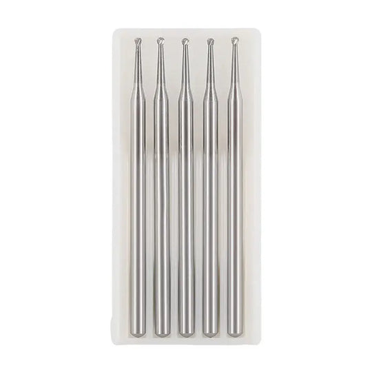 Dental Round Carbide Burs for Slow Speed Straight Nose Cone HP2/3/4/8 5pcs/Box, displayed in a clear plastic case. Five silver metallic burs with long, slender shafts and round tips, lined up neatly, showcasing their precision design for dental procedures.