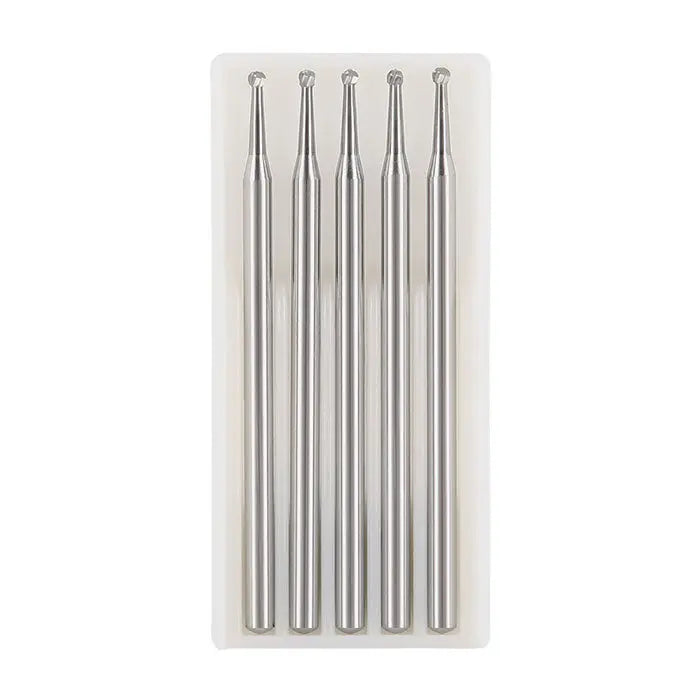 Five Dental Round Carbide Burs for Slow Speed Straight Nose Cone HP2/3/4/8 displayed in a clear plastic case. Silver metal burs with long, slender shafts and small round heads, arranged neatly in a row, designed for dental procedures.