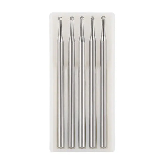 Five Dental Round Carbide Burs for Slow Speed Straight Nose Cone HP2/3/4/8 displayed in a clear plastic case. Silver metal burs with long, slender shafts and small round heads, arranged neatly in a row, designed for dental procedures.