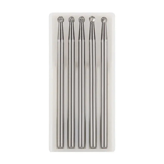 Dental Round Carbide Burs for Slow Speed Straight Nose Cone HP2/3/4/8 5pcs/Box: Set of five silver metallic dental burs with round tips, arranged neatly in a white plastic case. Each bur is long and slender, designed for precision dental work.