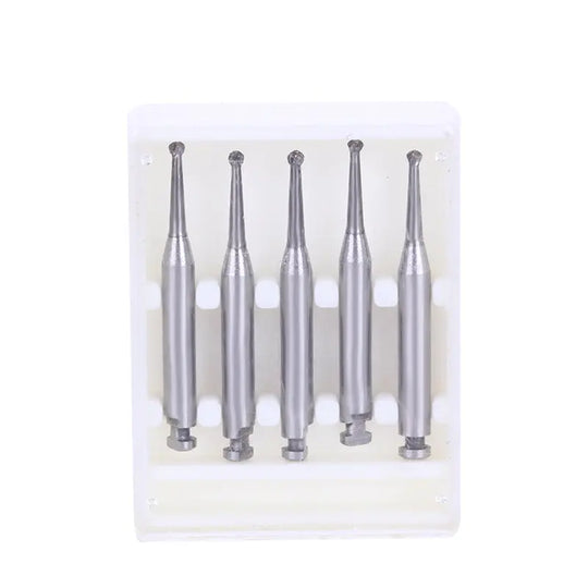 Five Dental RA #3 Round Carbide Burs for Slow Speed Latch, 1.2mm diameter, displayed upright in a row. Silver metallic shafts with small spherical cutting heads visible at the top of each bur.