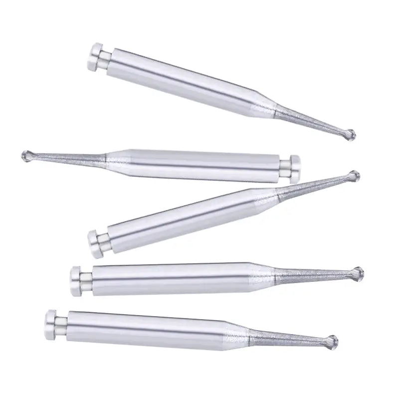 Dental RA #3 Round Carbide Burs for Slow Speed Latch, 1.2mm diameter, set of 5 silver-colored dental tools with cylindrical handles and round cutting tips, arranged in a diagonal pattern on a white background