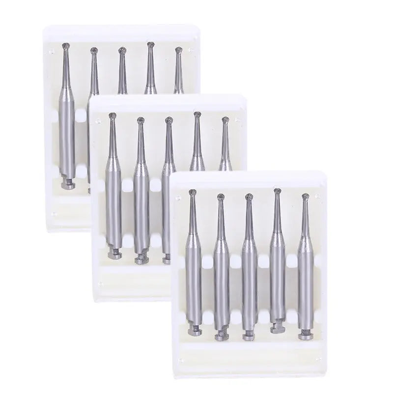 Close-up view of Dental RA #3 Round Carbide Bur for Slow Speed Latch 1.2mm 5pcs/Box. Three rows of silver metallic dental burs with cylindrical shafts and rounded tips, displayed on white background, showcasing precision dental tools for professional use.