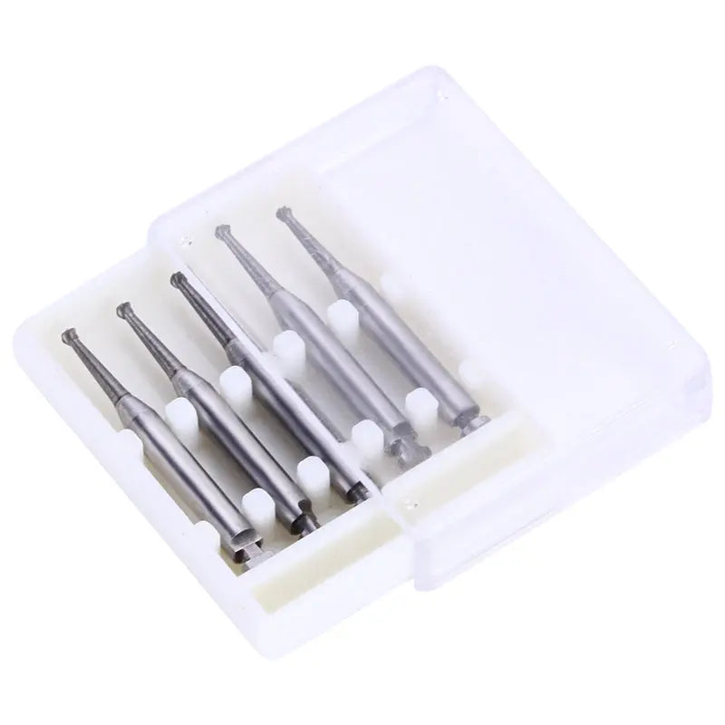 Dental RA #3 Round Carbide Bur set for slow speed latch, 1.2mm diameter, displayed in a clear plastic case. Five silver-colored burs with round heads and long shanks arranged neatly, showcasing the high-quality tungsten carbide construction and precise dental tool design.