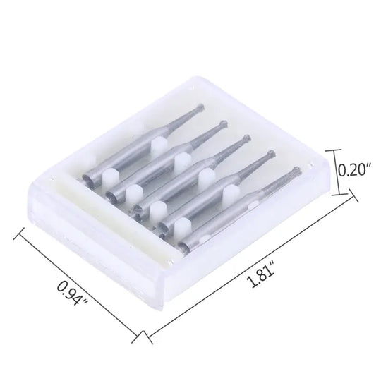 Dental RA #3 Round Carbide Bur set in clear plastic case, showing five silver-colored burs with white tips, arranged neatly. Case dimensions displayed: 1.81" length, 0.91" width, 0.20" height. High-quality dental tool for slow speed handpieces.