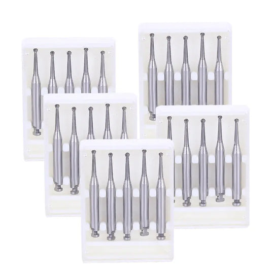 Set of Dental RA #3 Round Carbide Burs for Slow Speed Latch, 1.2mm diameter, displayed in multiple images showing groups of five silver-colored dental tools with long, slender shafts and small round heads, designed for precise dental procedures.