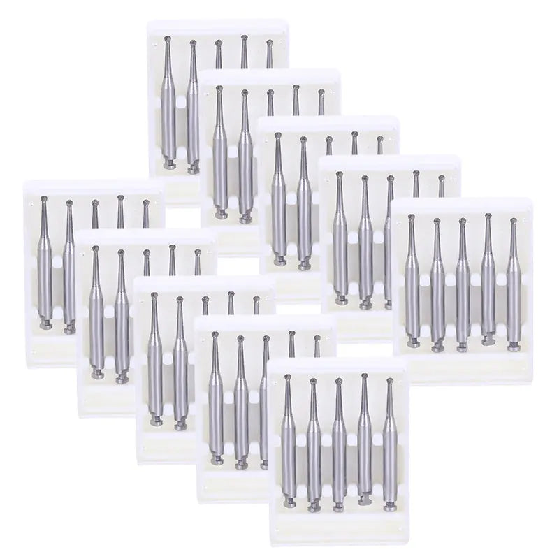 Dental RA #3 Round Carbide Burs for Slow Speed Latch, 1.2mm diameter, displayed in multiple packages of 5 pieces each. Silver metallic burs with cylindrical shafts and round heads, arranged neatly in white packaging, showcasing the product's precision and quality for dental procedures.