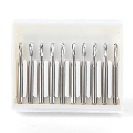 Dental Carbide Bur FG #1558 Straight Round End Crosscut Fissure 10Pcs/Box displayed in a clear plastic case. Ten silver-colored metal dental burs with straight shafts and round cutting ends arranged neatly in a row, showing their precise and uniform design for dental procedures.