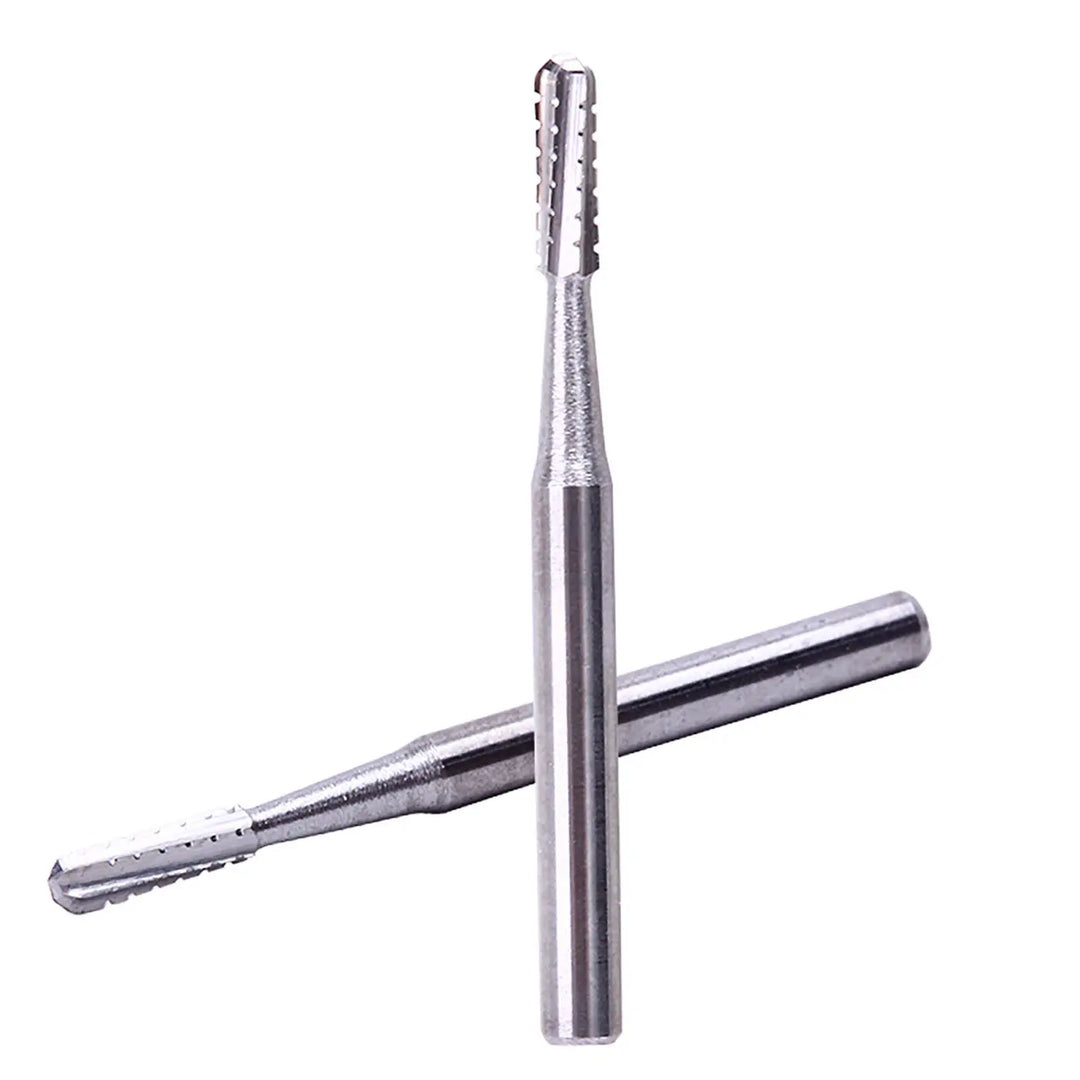 Dental Carbide Bur FG #1558 Straight Round End Crosscut Fissure 10Pcs/Box, featuring two silver tungsten steel dental burs with straight shafts and crosscut fissure tips for high-speed handpieces, displayed against a white background