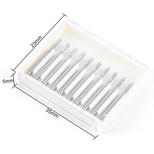 Dental Carbide Bur FG #1558 Straight Round End Crosscut Fissure 10Pcs/Box in white plastic container. Set of 10 silver tungsten steel dental burs with straight shafts and round ends, measuring 19mm in length, displayed neatly in a compact box with dimensions labeled.