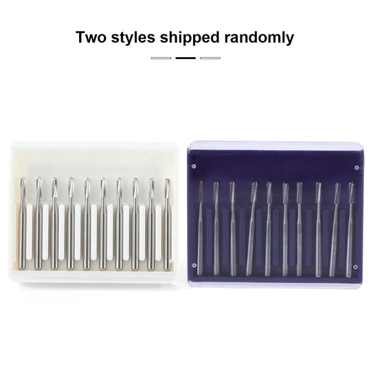 Dental Carbide Bur FG #1558 Straight Round End Crosscut Fissure 10Pcs/Box displayed in two styles: white and navy blue cases, each containing 10 silver tungsten carbide dental burs arranged neatly in a row, demonstrating product packaging options