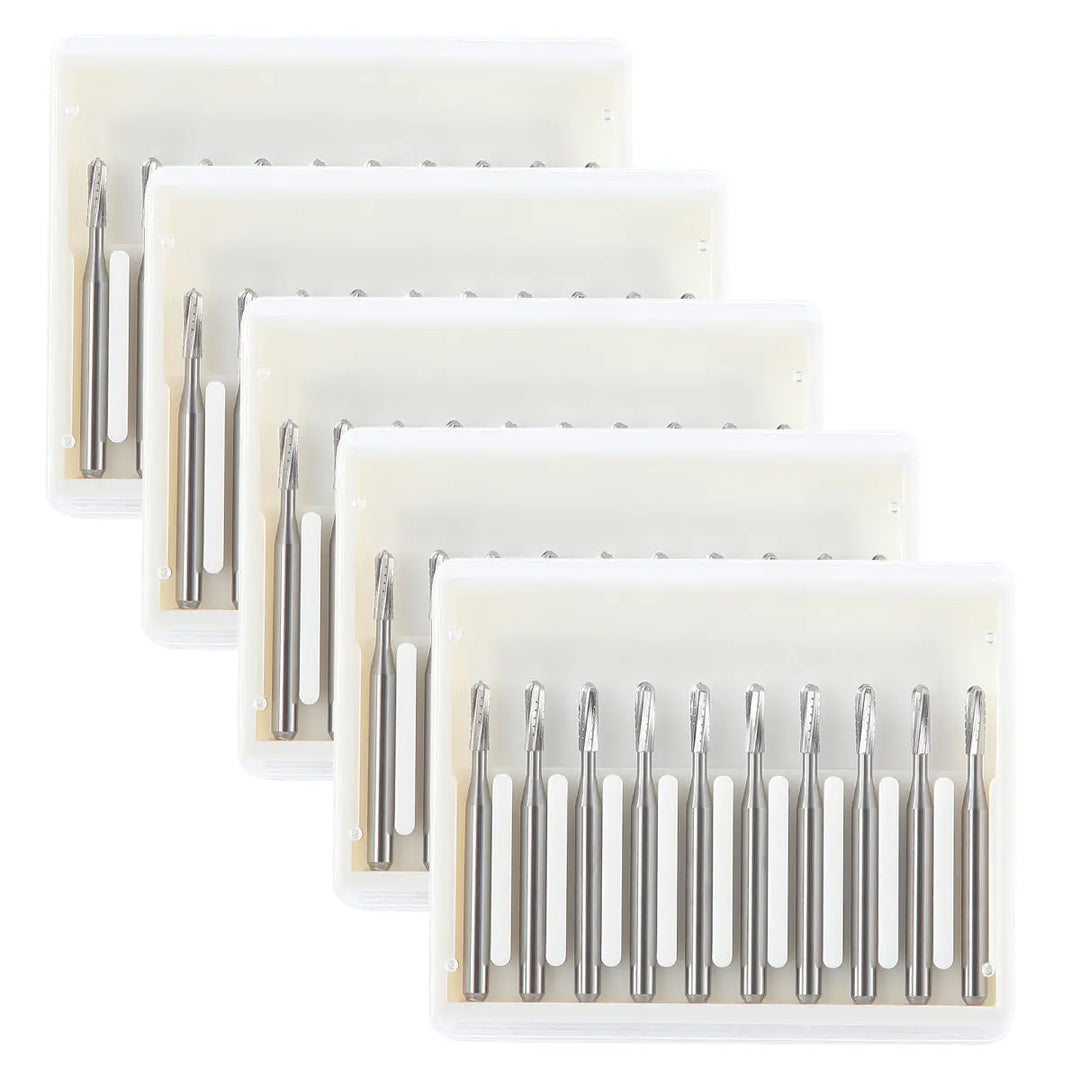 Dental Carbide Bur FG #1558 Straight Round End Crosscut Fissure 10Pcs/Box - Set of five boxes containing silver dental burs with straight shanks and round ends, arranged neatly in rows against a white background, showcasing the precision tools for high-speed dental handpieces.