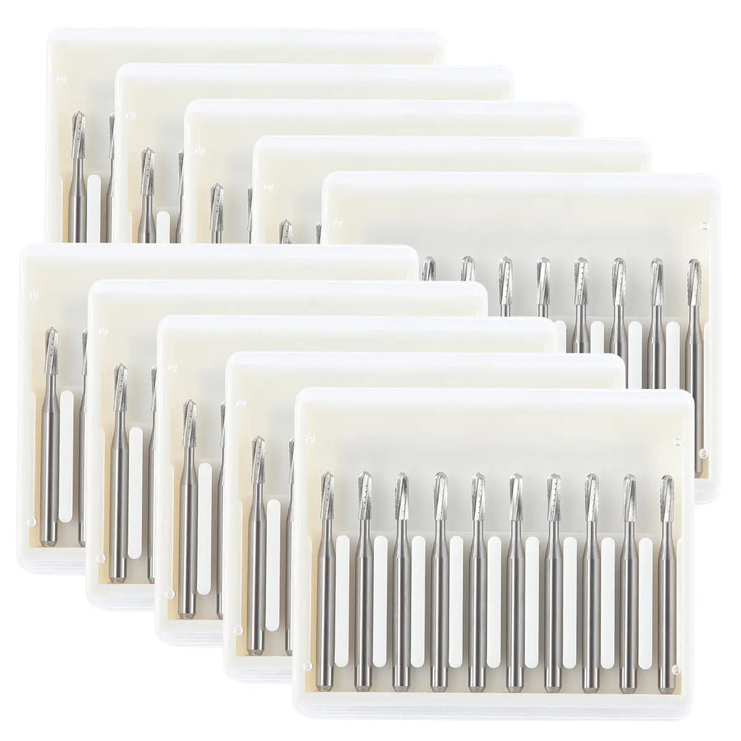 Dental Carbide Bur FG #1558 Straight Round End Crosscut Fissure 10Pcs/Box displayed in multiple clear plastic containers, each holding several silver metallic dental burs with straight cylindrical shafts and round cutting ends, arranged neatly in rows for dental procedures